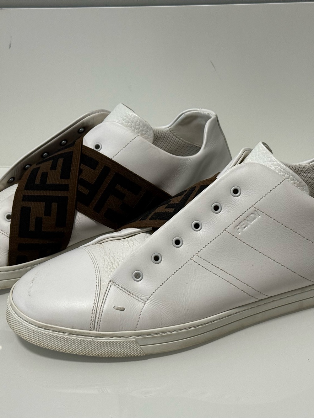 Fendi White Leather Slip-On Sneakers with FF Fendi Logo Cross Strap - Picture 16 of 17